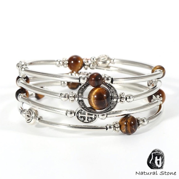 NWT - Tigers Eye Natural Stone Multi Layer Bangle Bracelet - Picture 2 of 5